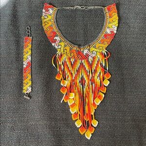Indigenous Amazonian beadwork necklace and bracelet set